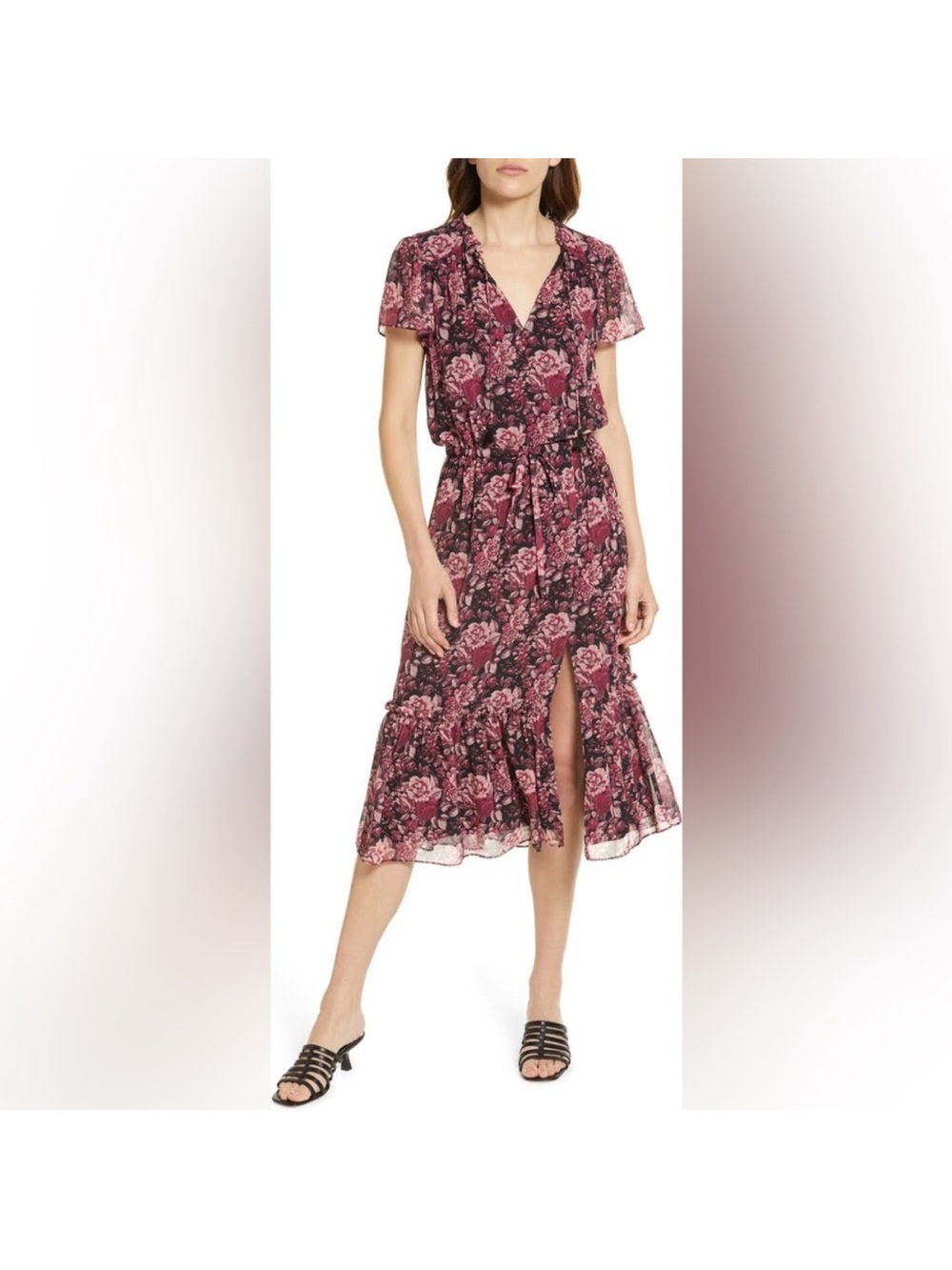 PAIGE Burgundy Pink Floral V-Neck Midi Lyndie Dress